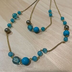Teal Gold tone layered tiered necklace Turquoise color aqua blue beads boho